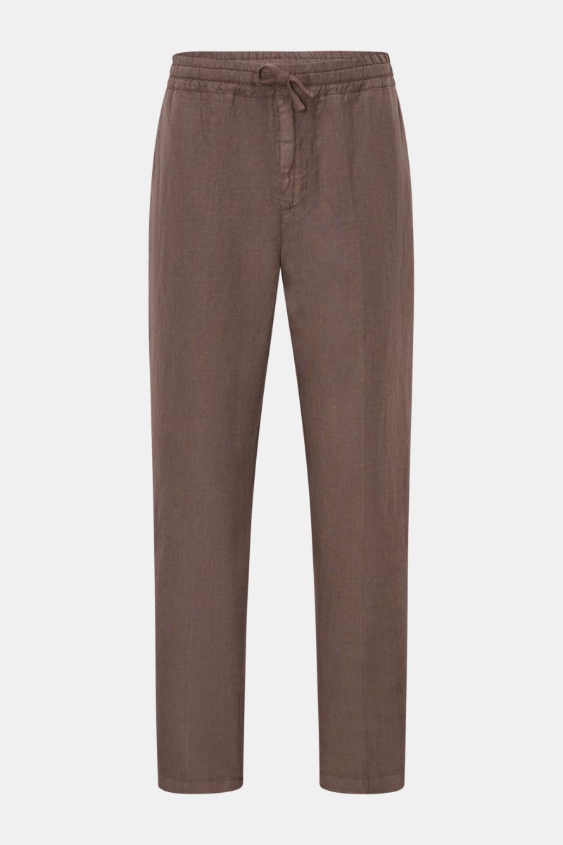 Altea Linen jogger pants 'Mattia' grey-brown shown from the front on a white background, featuring pure linen fabric, elasticated waistband with drawstring, zip fly, tapered fit, regular thigh width, ankle length, French pockets, and back pockets with but