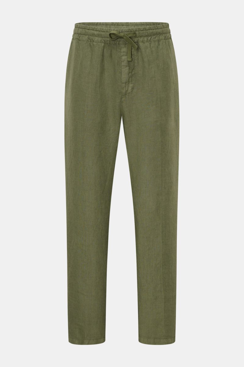 Altea Linen jogger pants 'Mattia' green shown from the front, pure linen, elasticated waistband with drawstring, tapered fit, ankle length.  
Casual luxury for warm days: The jogger pants 'Mattia' in pure linen by ALTEA are the perfect summer essential wi