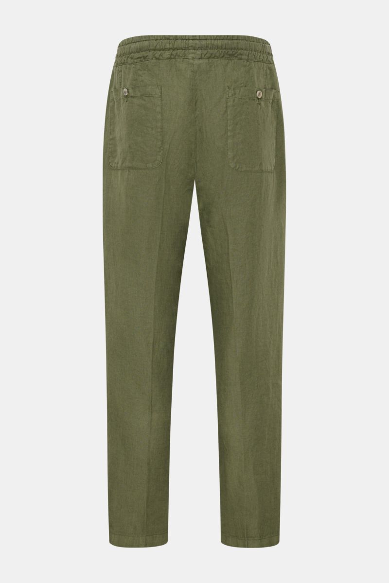 Rear view of Altea Linen jogger pants 'Mattia' green in pure linen with elasticated waistband, back pockets with button, tapered fit, ankle length.

Casual luxury for warm days: The jogger pants 'Mattia' in pure linen by ALTEA are the perfect summer es