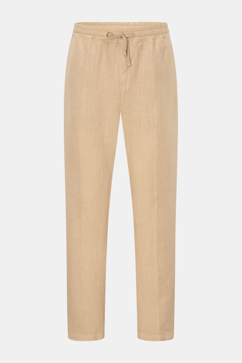Altea Linen jogger pants 'Mattia' beige shown from the front, pure linen casual luxury with elasticated waistband, tapered fit, ankle length.