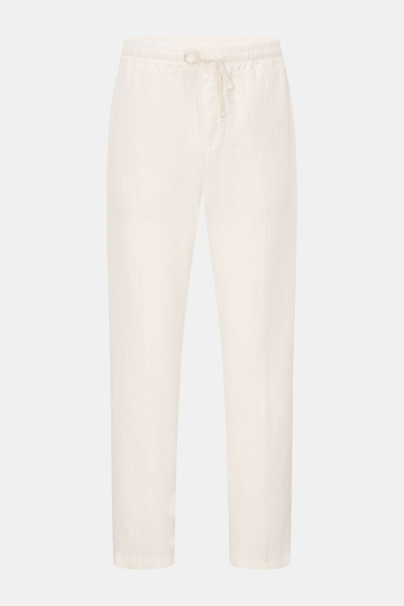 Altea Linen jogger pants 'Mattia' off-white shown from the front, pure linen with elasticated waistband, drawstring, tapered fit, ankle length. Casual luxury for warm days: The jogger pants 'Mattia' in pure linen by ALTEA are the perfect summer essential 