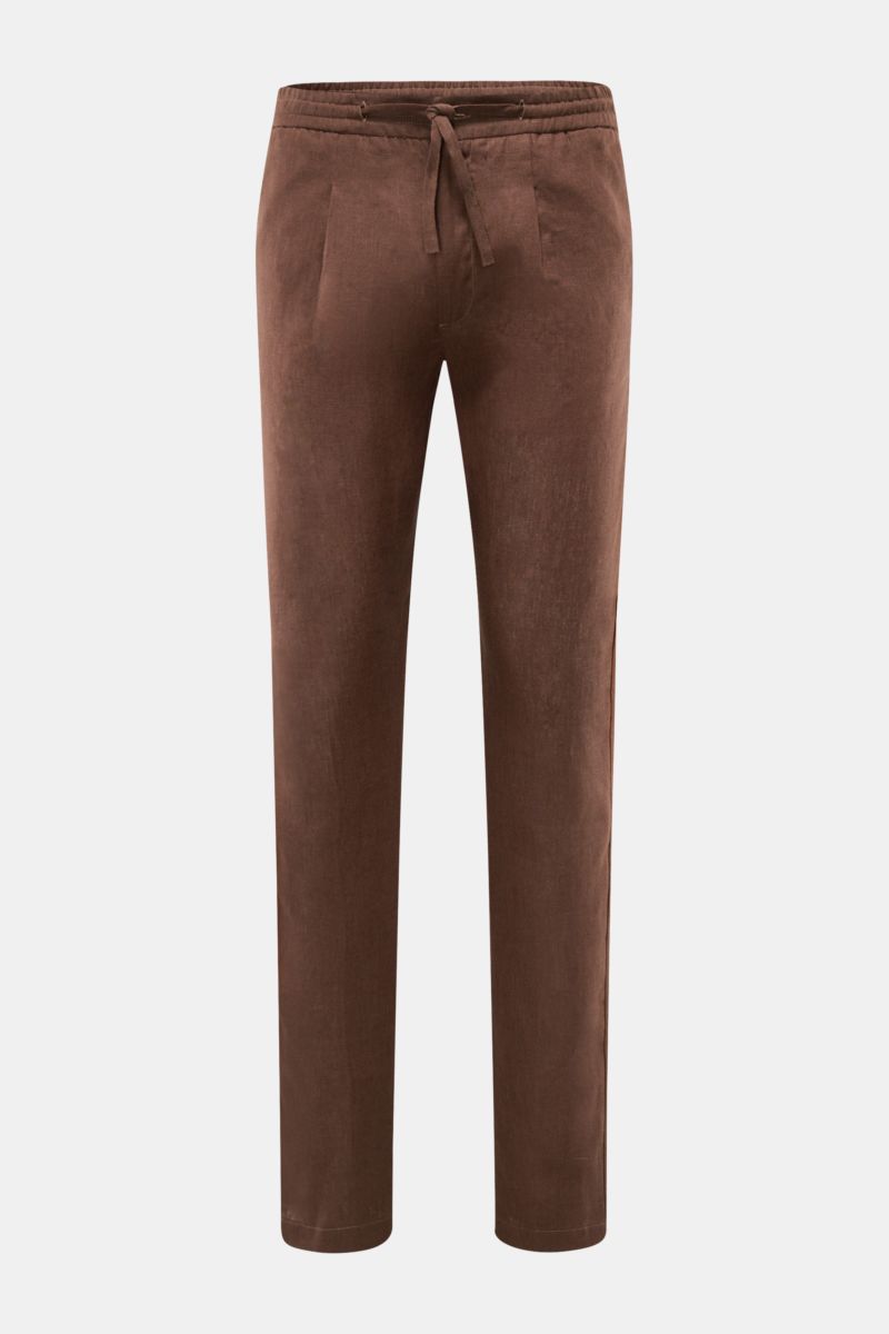 Front view of Aurélien Leinen-Jogpants dunkelbraun, slim tapered fit in pure linen with elastic waistband, zipper, button, and French pockets.