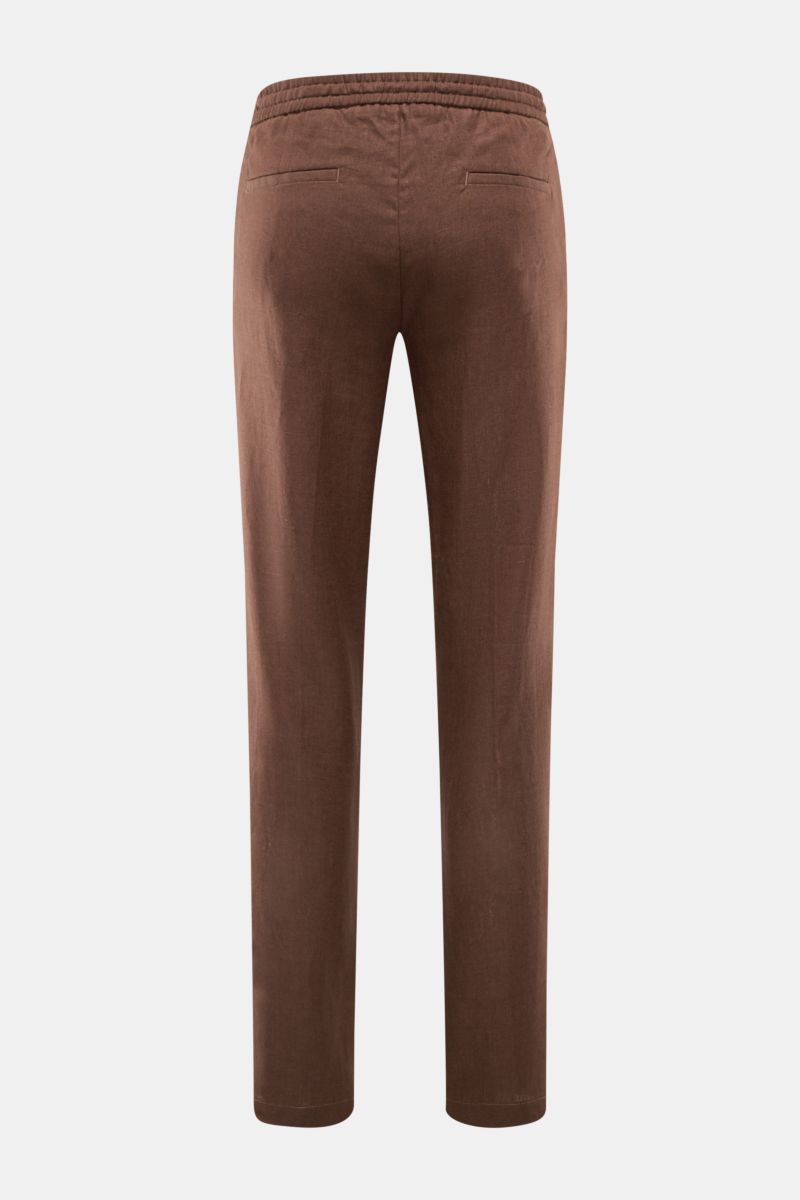 Rear view of Aurélien Leinen-Jogpants dunkelbraun, pure linen jogpants with elastic waistband, slim taper fit, welt back pockets, and natural texture.