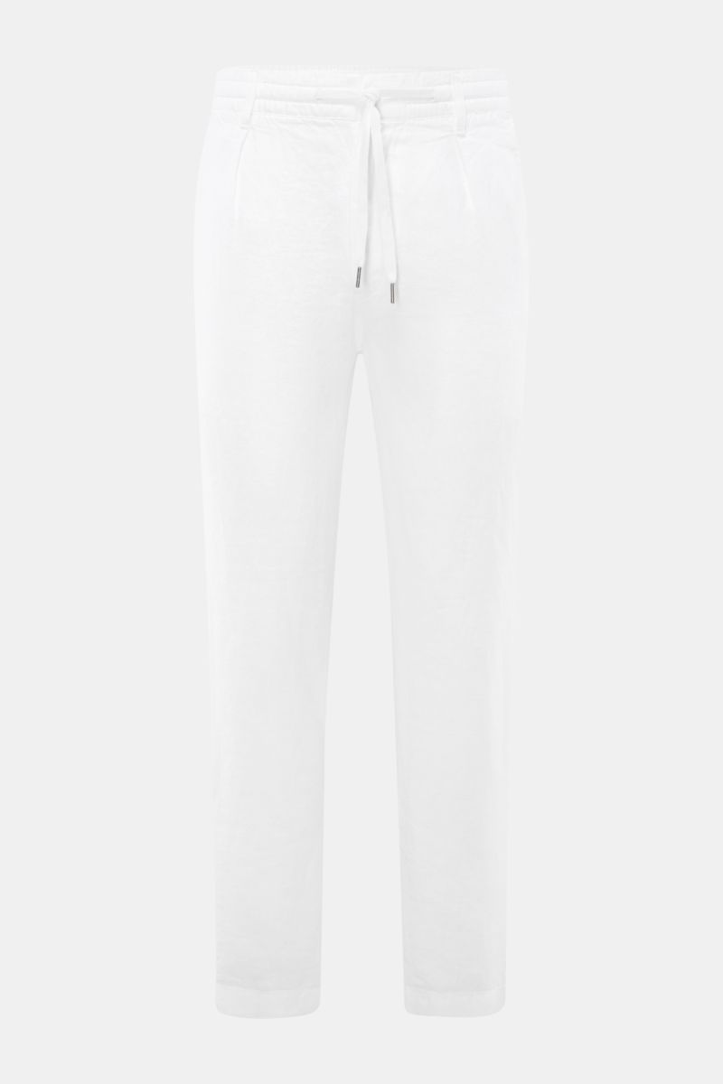 Frontansicht der Polo Ralph Lauren Leinenhose weiß, reine Leinenhose mit elastischem Bund, Tunnelzug, Tapered Fit und französischen Taschen.