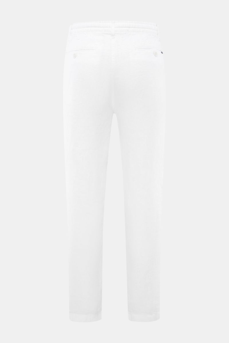 Weiß fotografierte Polo Ralph Lauren Leinenhose weiß von hinten, reines Leinen, schmal zulaufend, knöchellang, elastischer Bund mit Tunnelzug.