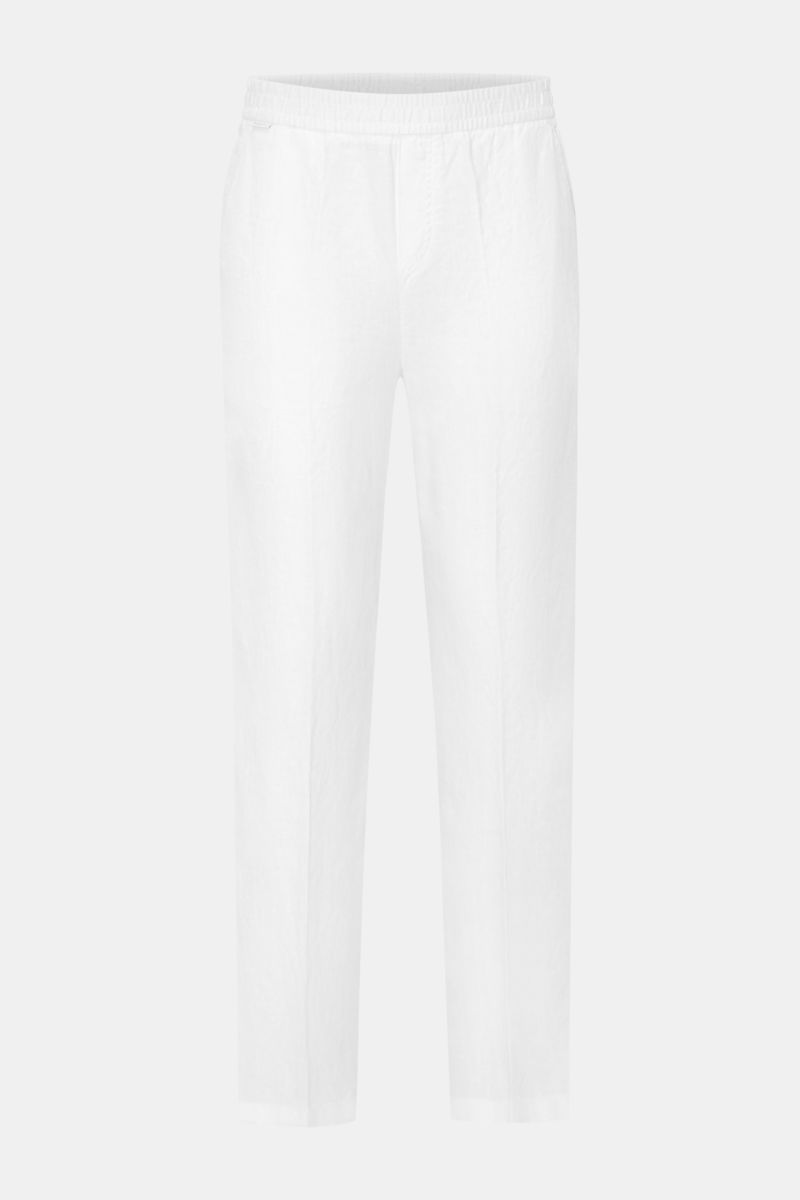 04651/ A trip in a bag Leinen-Jogpants 'Linen Pants' weiß, frontale Ansicht, reines Leinen, Tapered Fit, elastischer Bund, französische Taschen.