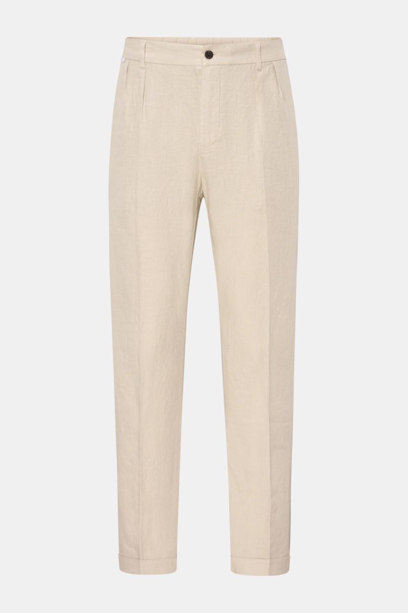 Front view of 04651/ A trip in a bag Linen jogger pants 'Linen Pants' beige, perfect for warm days with pure linen, tapered cut, elasticated waistband with drawstring, zip and waist button, French and jetted back pockets, regular fit, short cut, and signa