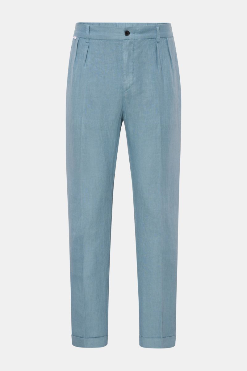 Front view of 04651/ A trip in a bag Linen jogger pants 'Linen Pants' smoky blue in pure linen, regular fit with tapered, short cut, zip and button closure, partially elasticated waistband with drawstring, French and jetted back pockets, and signature mat