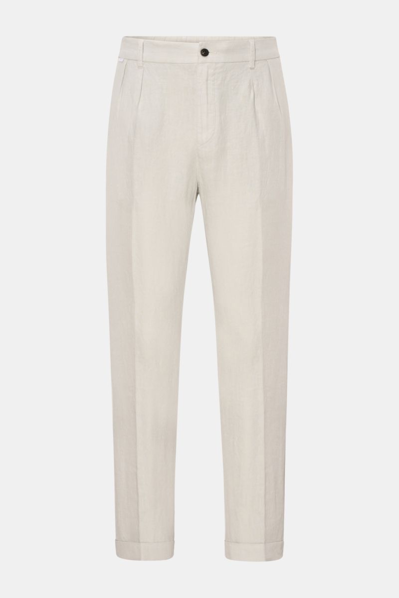 Front view of 04651/ A trip in a bag Linen jogger pants 'Linen Pants' light grey made of pure linen with tapered regular fit.

Perfect for warm days: These linen jogger pants by 04651/ A TRIP IN A BAG are the ideal summer essential – for travel or for 