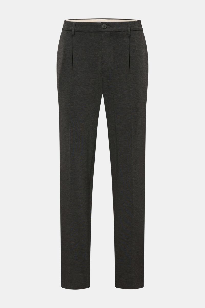 GTA Jogger pants 'Dennis' dark grey mottled shown from the front, made of a viscose and microfiber blend with an elasticated, soft, smooth feel. Features tapered fit, regular thigh width, ankle length, zip and waist button, partially elasticated waistband