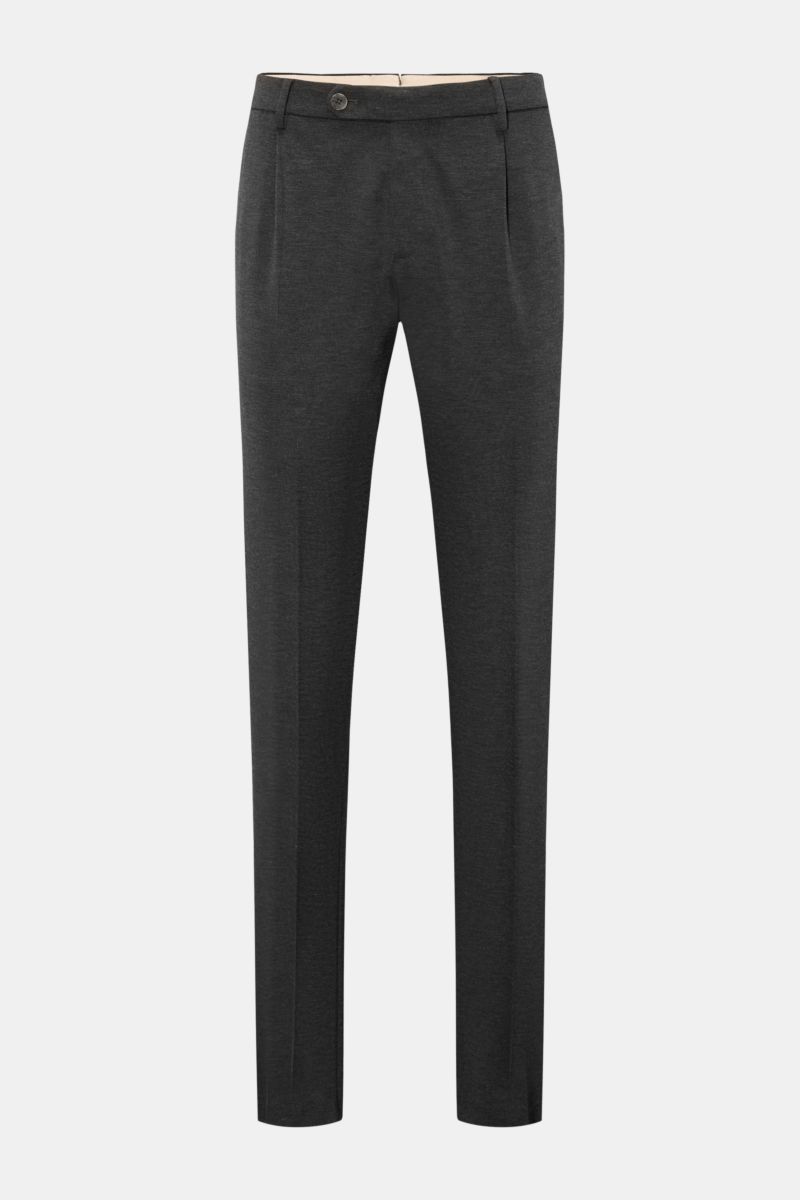 GTA Hose 'Federico' dunkelgrau meliert, frontale Nahaufnahme, Regular Fit, leicht elastisch, Bundknopf, Reißverschluss, französische Taschen, offene Saumlänge.