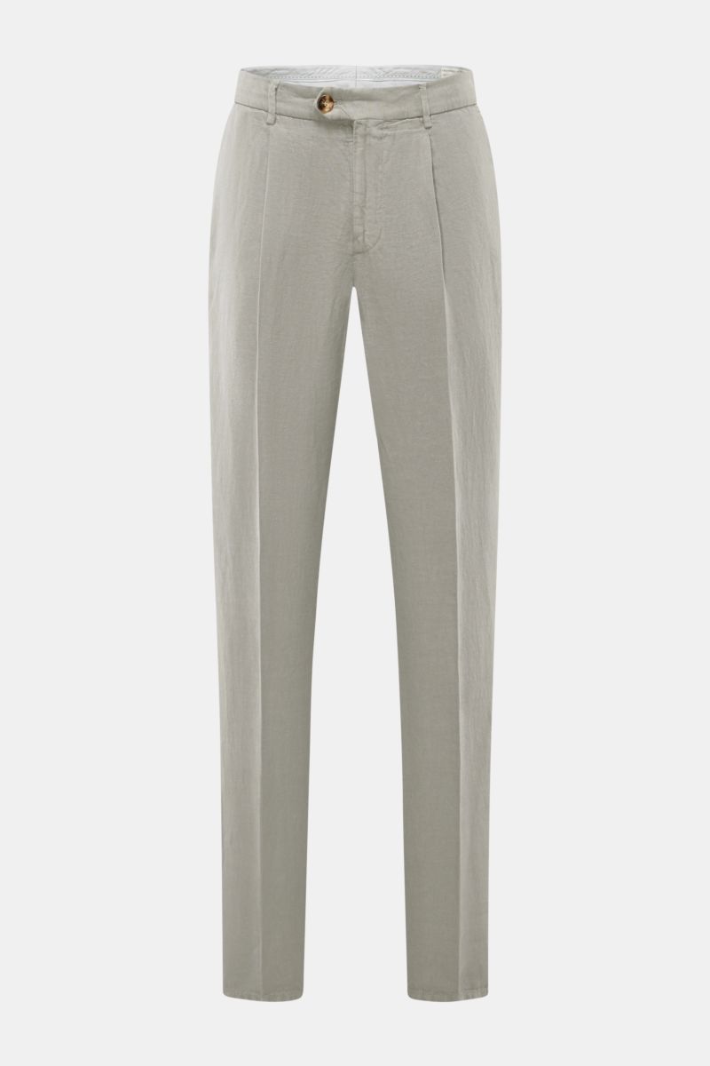 Front view of Brunello Cucinelli Leinenhose salbei, a slim-fitting, soft pure linen trouser with classic pleat, zipper, button, French pockets, and welt back pocket. Iconic essential in Italian luxury, perfect for a refined summer wardrobe.