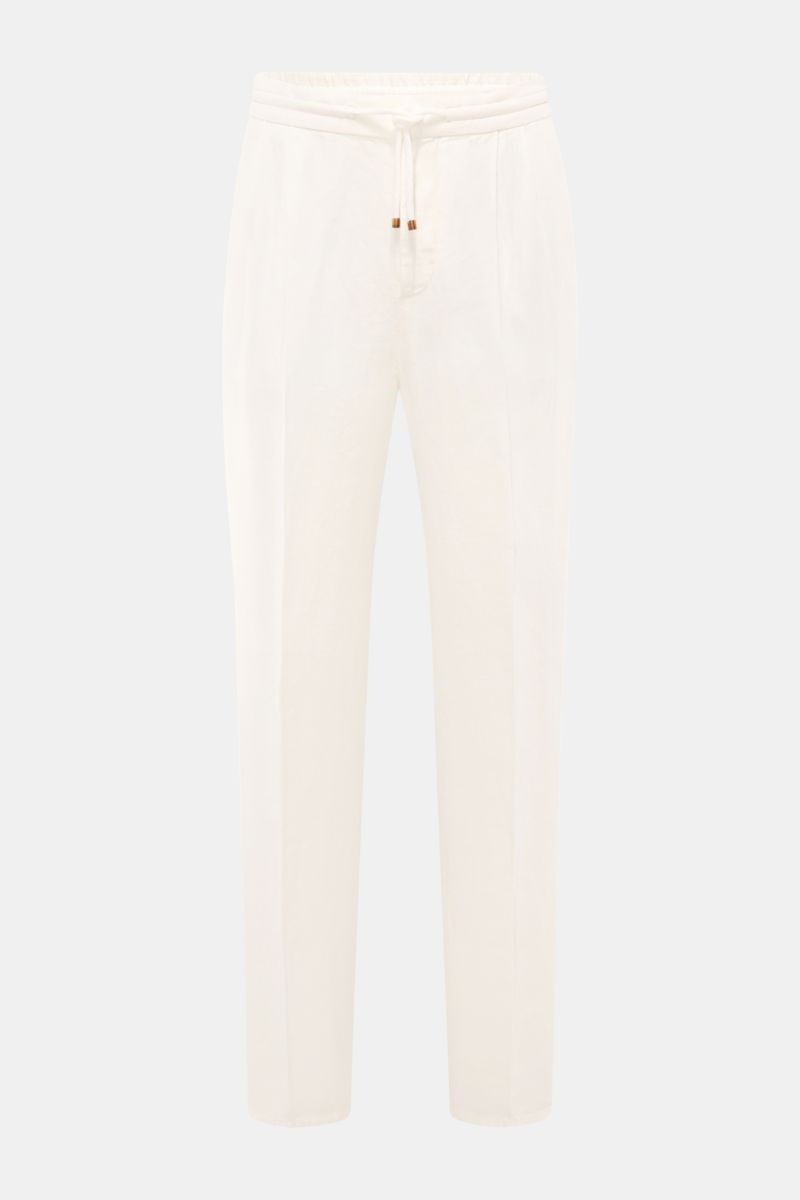 Brunello Cucinelli Leinen-Jogpants offwhite front view, pure linen twill, regular fit, tapered legs, elastic waistband with drawstring, zip and hook, double pleats, French and welt back pockets, stylish and comfortable for summer. Stil trifft Tragekomfort
