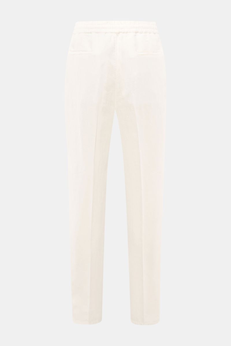Brunello Cucinelli Leinen-Jogpants offwhite shown from the back, made of twill linen with elastic waistband, regular fit, and tapered legs.  

Stil trifft Tragekomfort: Die Jogpants aus reinem Leinen von BRUNELLO CUCINELLI ist ein vielfältiger Begleite