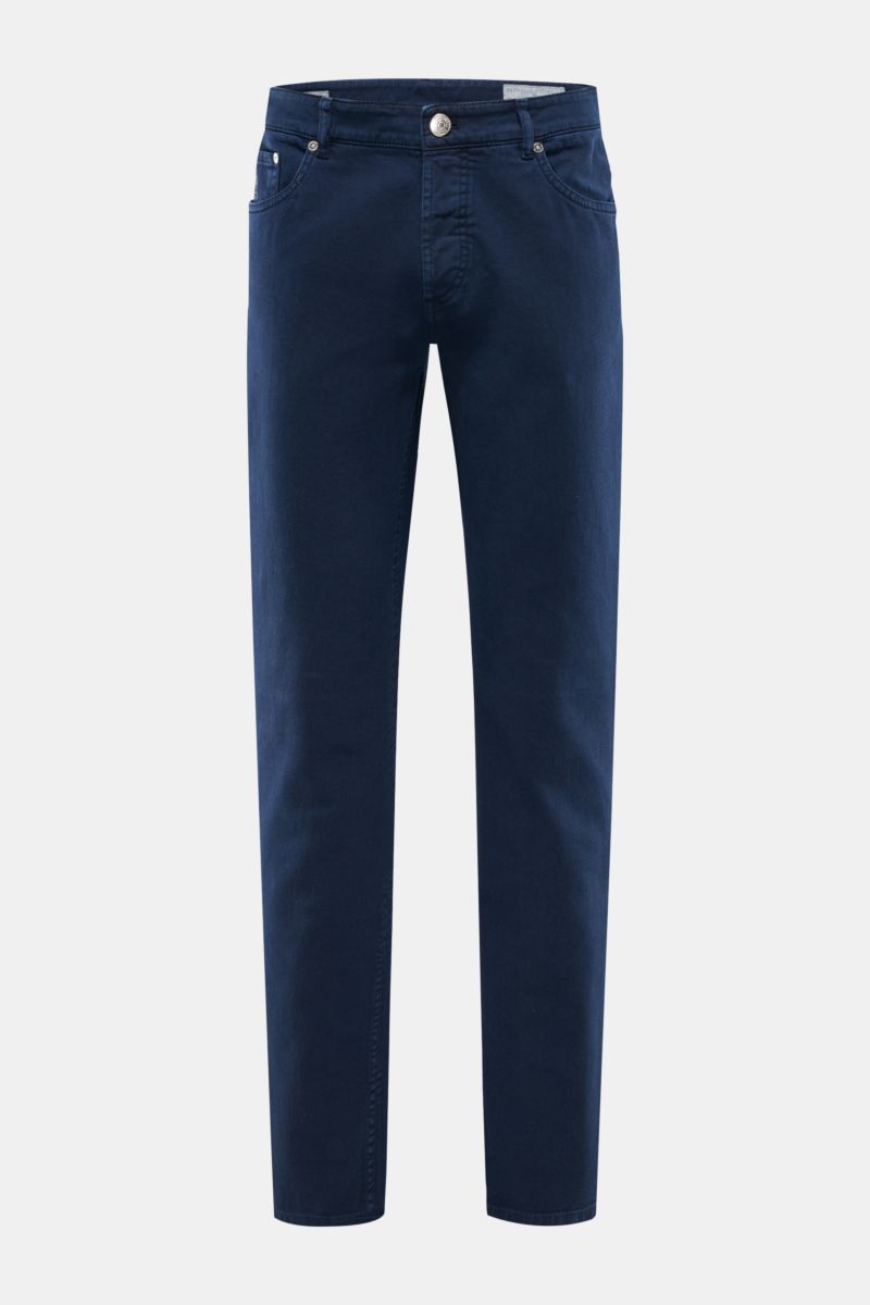 Front view of Brunello Cucinelli Jeans 'Traditional Fit' navy, relaxed tapered cotton denim with button fly, five-pocket style, logo coin pocket, and leather patch. A luxurious denim classic from BRUNELLO CUCINELLI: The versatile jeans 'Traditional Fit