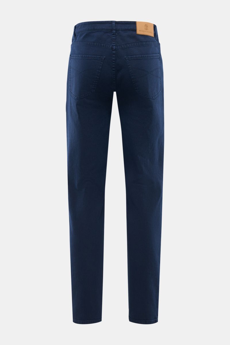 Brunello Cucinelli Jeans 'Traditional Fit' navy shown from the back, relaxed tapered cotton denim with button fly, five-pocket style, logo coin pocket, and leather patch, slightly elasticated fabric, robust texture, traditional fit ideal for timeless casu