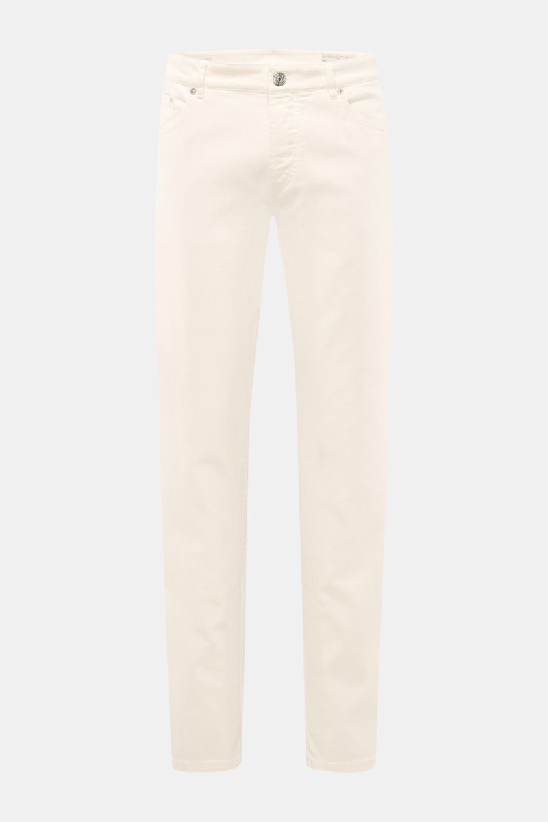 Brunello Cucinelli Jeans 'Traditional Fit' creme, frontale Ansicht, Baumwoll-Denim, leicht elastisch, schmal zulaufend, Button Fly, Five-Pocket, Logo-Münztasche, Leather Patch.