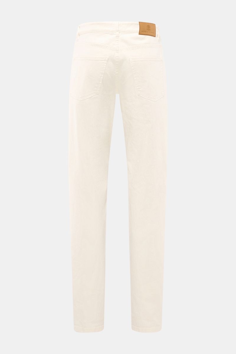 Brunello Cucinelli Jeans 'Traditional Fit' creme, Rückansicht, Baumwoll-Denim, Five-Pocket, Button Fly, Lederpatch, schmal zulaufend, leichte Elastizität.