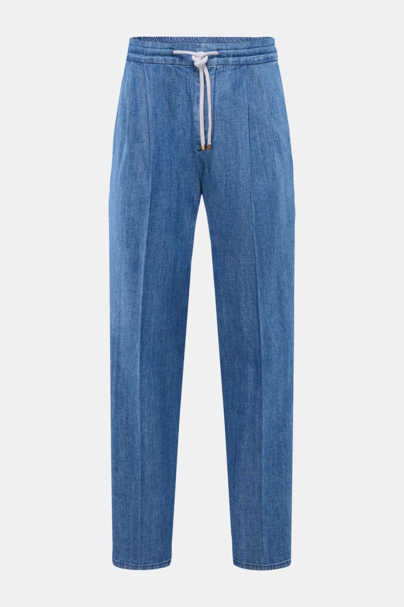 Front view of Brunello Cucinelli Denim-Jogpants graublau in blue cotton denim with elastic waistband, drawstring, pleats, and pockets.

Komfort trifft Stil: Die Jogpants aus reinem Baumwoll-Denim von BRUNELLO CUCINELLI ist ein lässiger Begleiter für vi