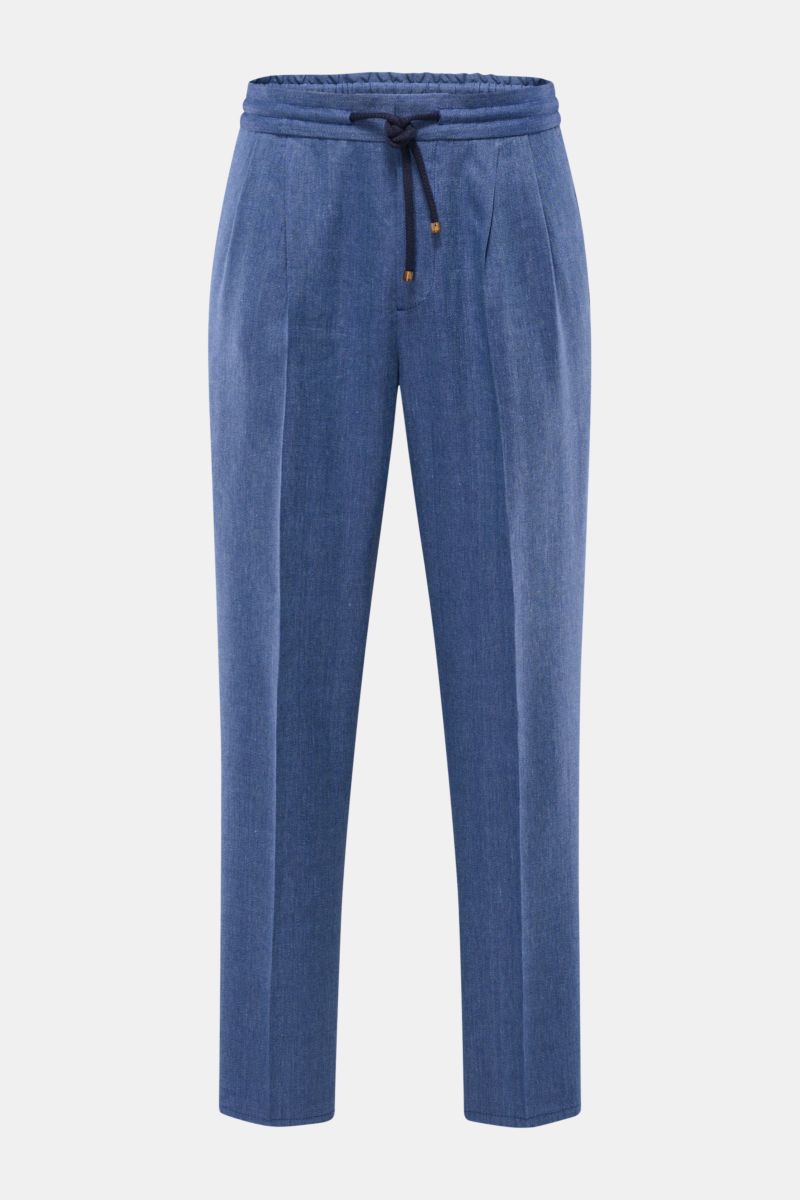 Front view of Brunello Cucinelli Jogpants graublau meliert in linen-wool blend with tonal herringbone, elastic waistband, and tailored fit. BRUNELLO CUCINELLI ist der Meister der Eleganz in Verbindung mit hochwertigen Geweben: Diese Jogpants aus Leinen