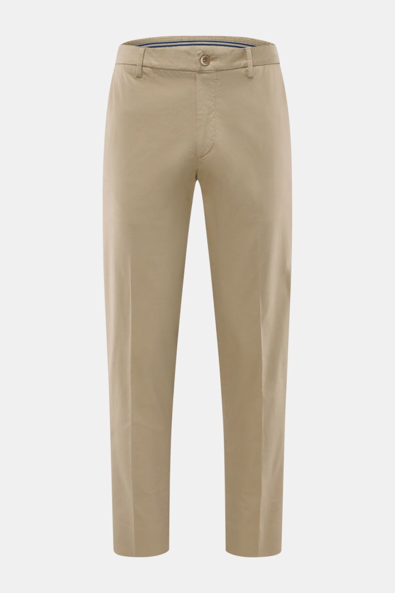 GTA Chino 'Davide' beige aus Baumwoll-Twill, schmal zulaufend, knöchellang, mit Knopf und Reißverschluss, Frontalansicht.