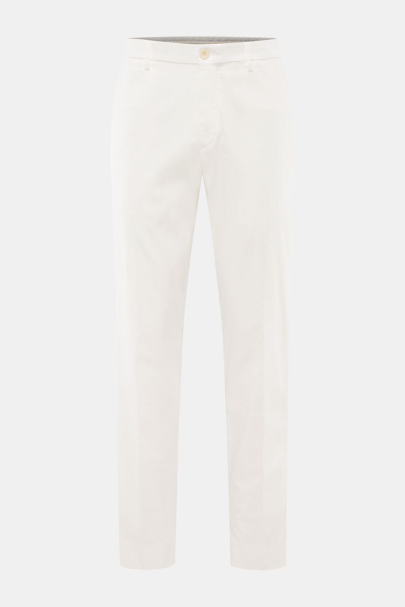 Front view of GTA Chino 'Davide' creme pants made of pure cotton twill, featuring elastic waistband, zipper, button, French pockets, slim tapered fit, and subtle logo detail.