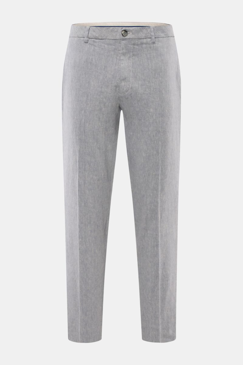 GTA Hose 'Davide' graublau meliert, Frontansicht, leichte Leinen-Baumwollmischung, elastischer Bund, schmal zulaufender Tapered Fit, Knopf- und Reißverschluss.