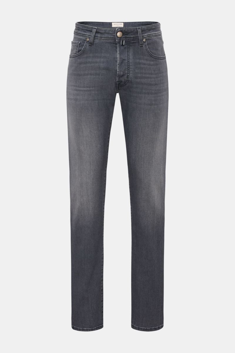 Jacob Cohen Jeans 'Bard' grau, frontale Nahaufnahme, Slim Fit, elastischer Denim, leichte Used-Waschung, Five-Pocket-Stil, Button Fly.