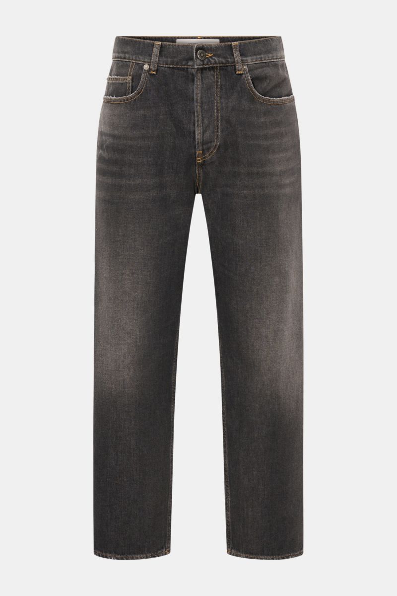 Golden Goose Jeans 'Cory Loose Skate' dunkelgrau, frontale Ansicht, knöchellang, Loose Fit, reine Baumwolle, leichte Distressed-Effekte, Button-Fly, Five-Pocket-Stil, Metall-Stern-Patch.