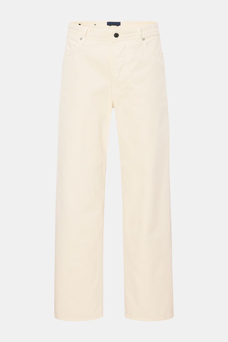 Stone Island Jeans 'Light Bull Denim' creme, frontale Ansicht, Loose Fit, gerader Schnitt, knöchellang, Button Fly, Five-Pocket-Stil, Kompass-Badge.