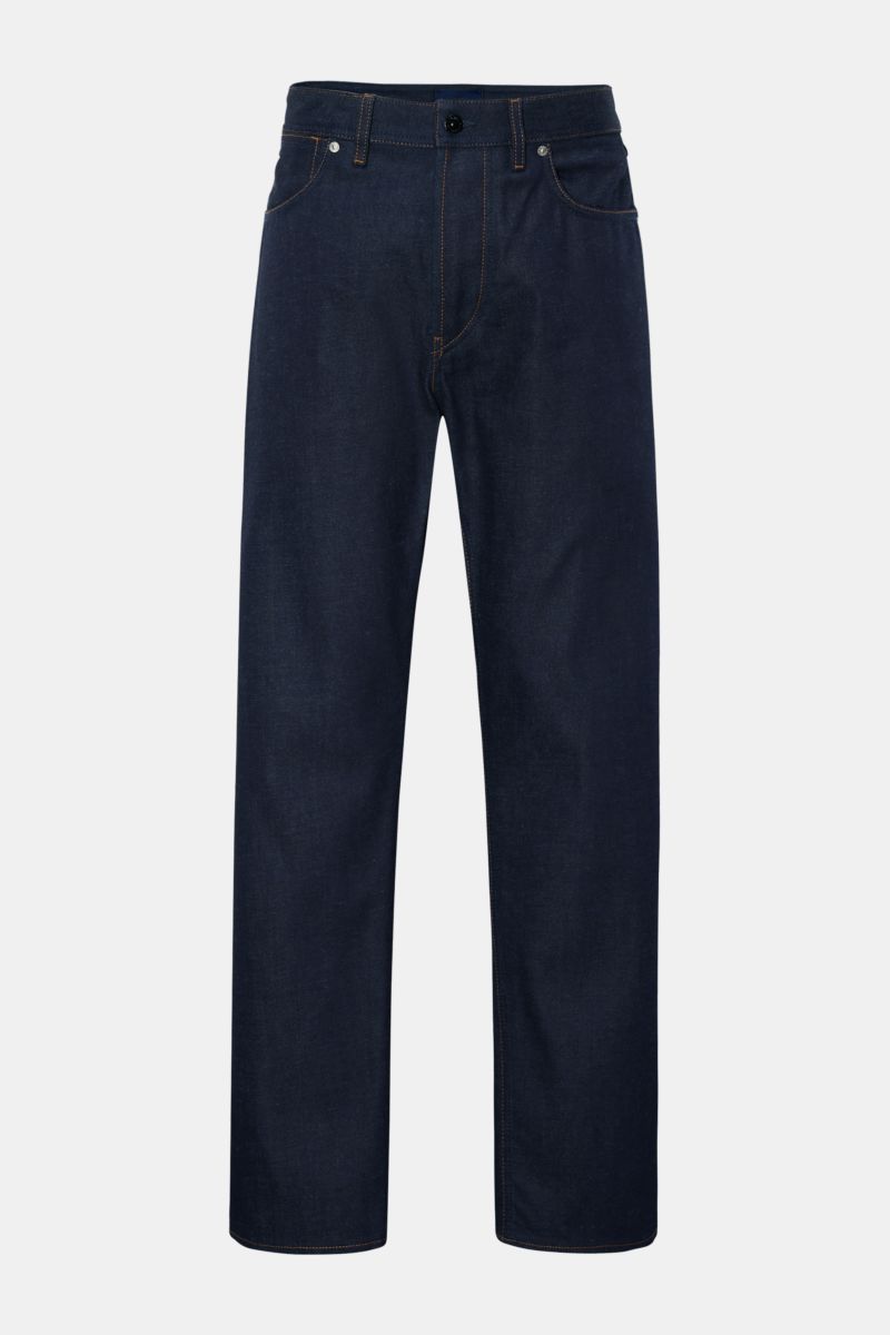 Front view of Stone Island Jeans 'Selvedge Indigo Denim - Raw' navy in straight fit, raw selvedge denim with button fly, five-pocket style, and compass badge on waistband.