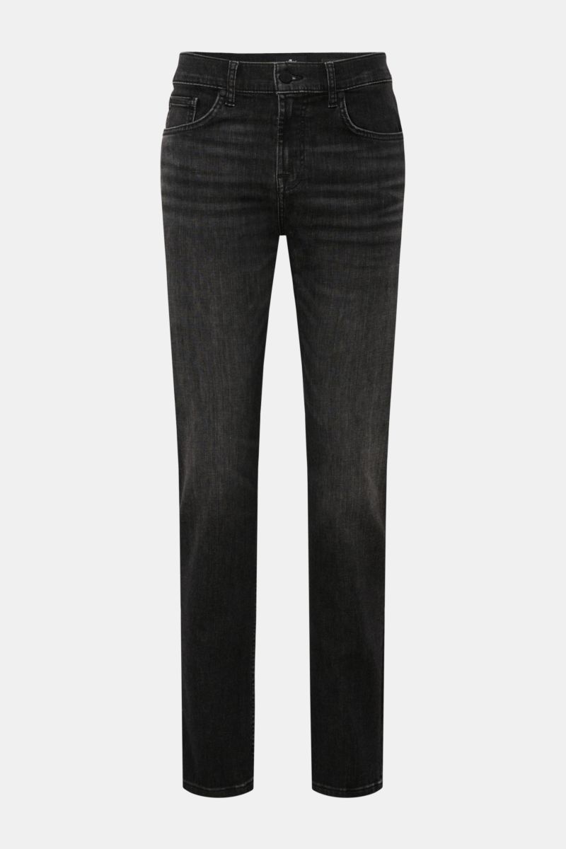 Front view of 7 for all mankind Jeans 'Slimmy' dark grey, slim fit with subtle used wash and slight stretch, zip fly, five pockets.

Description: Seven pairs of jeans should be enough to get you through life – that’s the philosophy of denim label 7 FOR AL