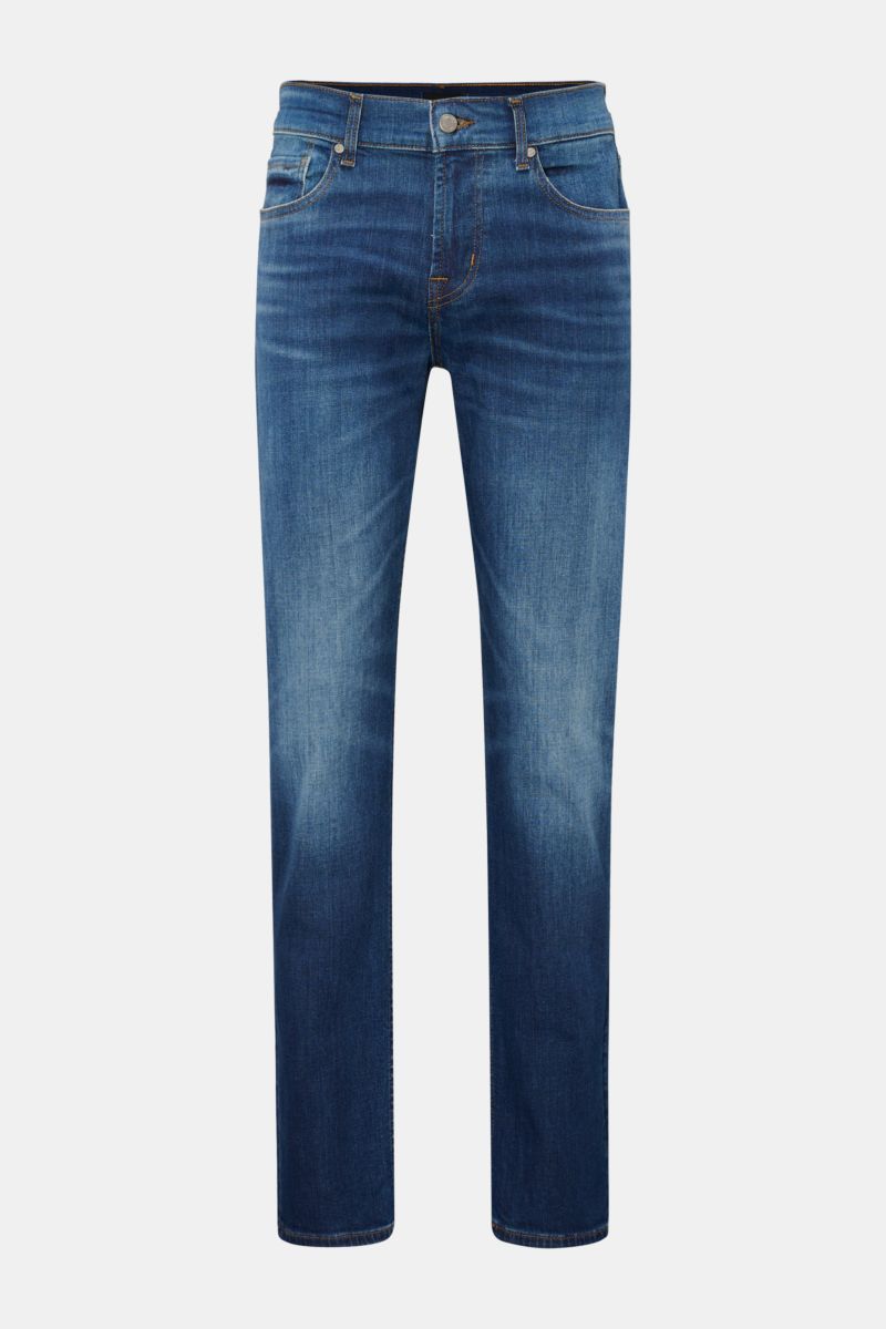 Front view of 7 for all mankind Jeans 'Slimmy' dark blue, slim fit with slight stretch, authentic used wash, zip fly, five-pocket style, back pockets with stitching, and small woven label on the waistband.

Seven pairs of jeans should be enough to get 