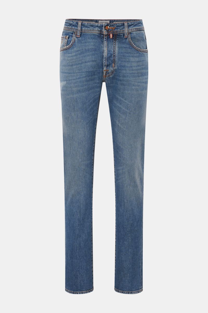 Front view of Jacob Cohen Jeans 'Bard' smoky blue, slim fit with tapered cut, robust cotton and lyocell denim, subtle used wash, button fly, five-pocket style, and distinctive stitching details.