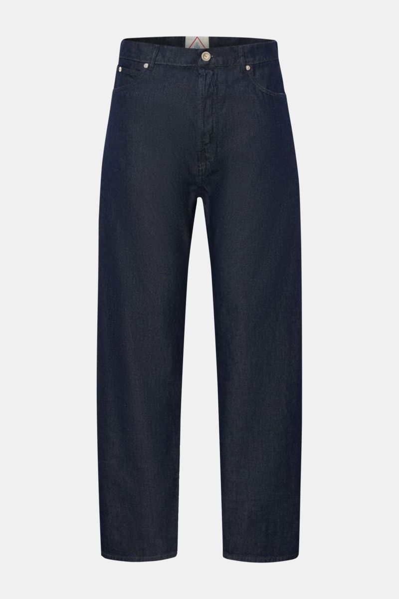 Front view of C.P. Company Jeans navy in tapered fit, straight cut, ankle length with button fly, five-pocket style, and leather patch, made of pure cotton with a slightly robust texture. Timeless companion: These jeans in a tapered fit by C.P. COMPANY ha