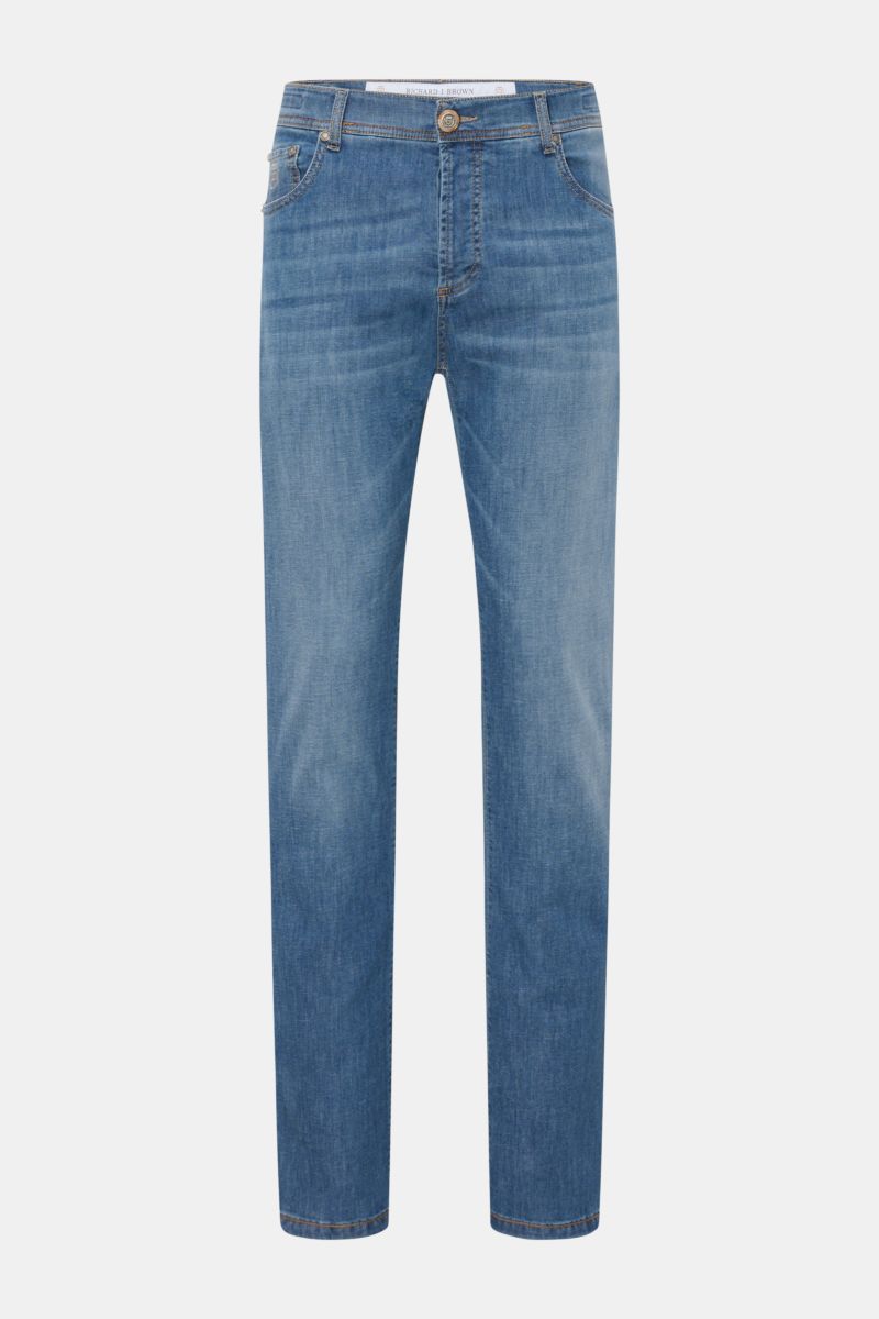 Front view of Richard J. Brown Jeans 'Tokyo' smoky blue, slim fit denim with tapered cut, button fly, five-pocket style, soft cotton, linen, and lyocell blend. Timeless skill in denim workmanship combines premium comfort with precise finish, featuring sli