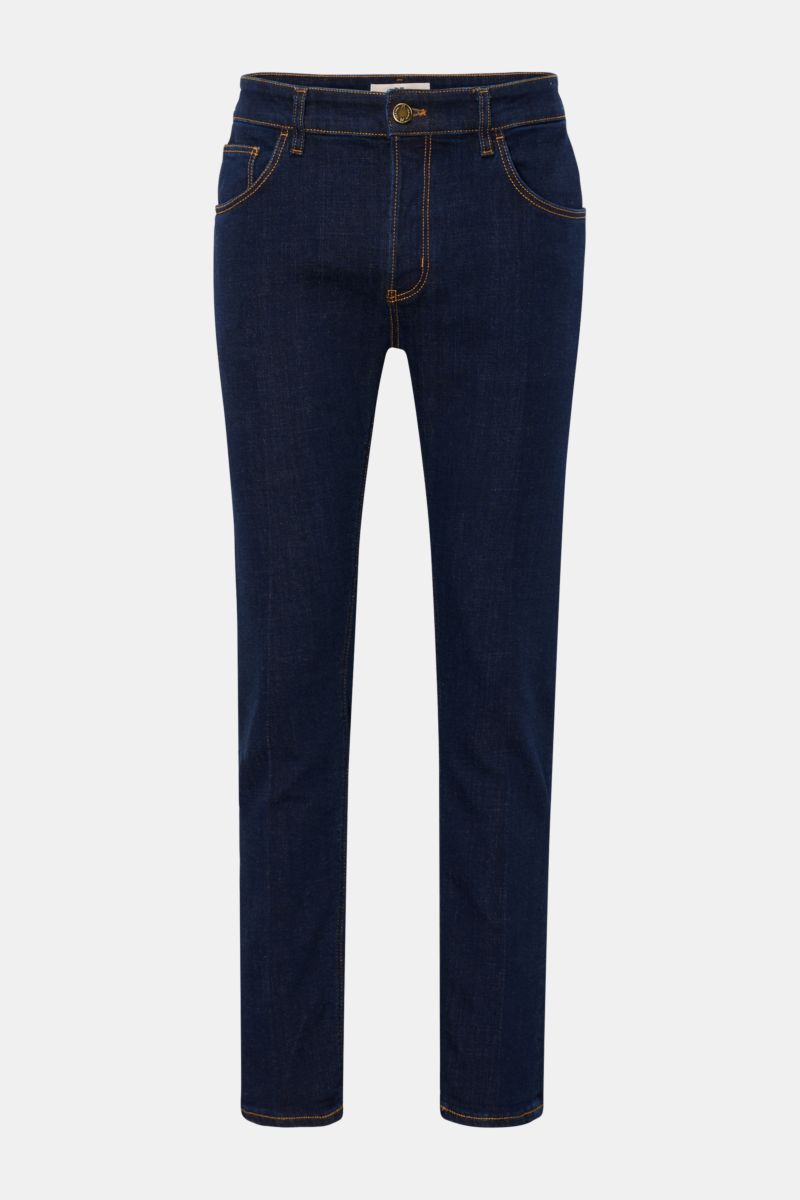 PT Torino Denim Jeans 'Reggae' dunkelblau front view, cropped slim fit jeans in dark blue with authentic used wash, button fly, five-pocket style, contrast logo patch, fixed hem cuff, made of slightly stretchy cotton for soft touch and comfort. Das Cro