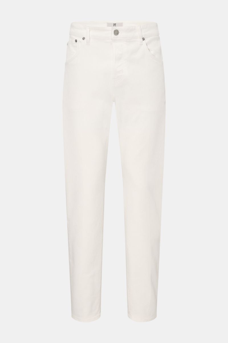 PT Torino Denim Jeans 'Reggae' offwhite, frontale Aufnahme, slim Fit, schmal zulaufend, kurzer Schnitt, Five-Pocket, Button Fly, elastische Baumwolle, weicher Griff, Logo-Patch.