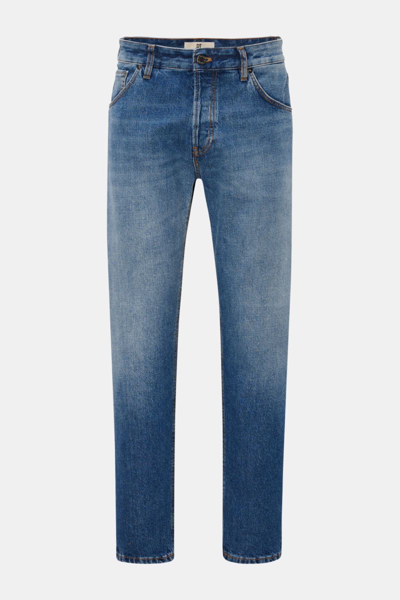 Front view of PT Torino Denim Jeans 'Rebel Fit' smoky blue, classic authentic denim with subtle used finish, tapered fit, ankle length, button fly, five-pocket style, and leather patch. A classic with a twist: The jeans 'Rebel' by PT TORINO are made of au