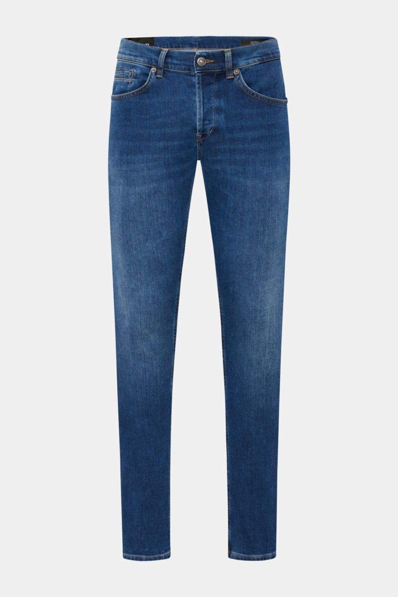 Dondup Jeans 'George' dunkelblau, Frontansicht, Skinny Fit, elastische Baumwolle, Used-Waschung, niedrige Bundhöhe, Five-Pocket-Stil.