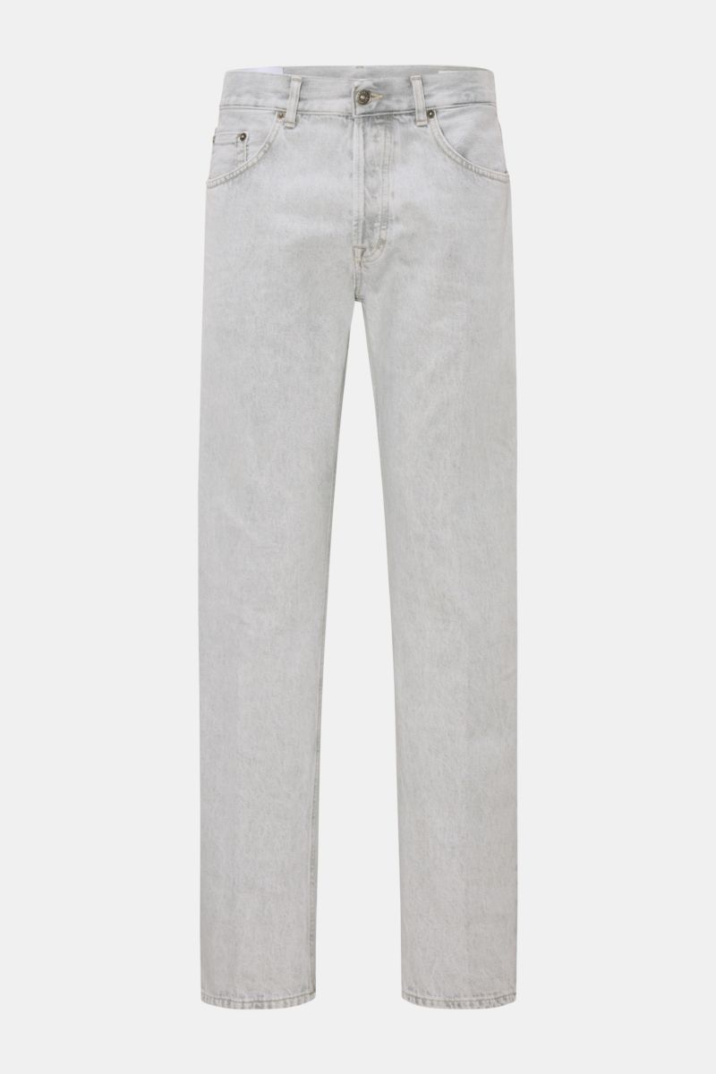 Dondup Jeans 'Bray' hellgrau im Regular Fit, frontale Ansicht, authentische Waschung, dezente Distressed-Details, reine Baumwolle, Button Fly, Five-Pocket-Stil.