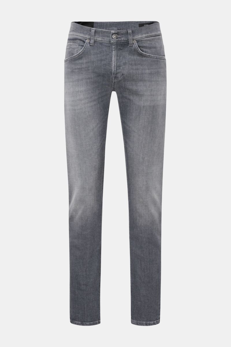 Dondup Jeans 'George' dunkelgrau, frontale Nahaufnahme, elastische Baumwolle, Skinny Fit, Used-Waschung, niedrige Bundhöhe, Five-Pocket-Stil.