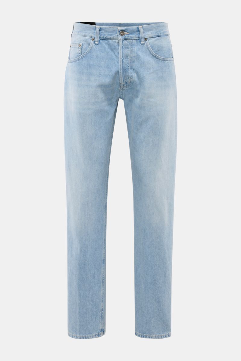 Front view of Dondup Jeans 'Bray' hellblau in light blue denim with authentic used wash, subtle distressed details, regular fit, button fly, and five-pocket style. Denim made from pure cotton with a soft touch, featuring a small metal initial and inside D