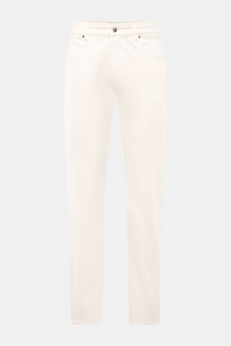 Front view of Moorer Jeans 'Milton' off-white in stretchy cotton denim with a soft feel, subtle used wash, regular straight cut fit, button fly, five-pocket style, coin pocket with embroidered logo, back pockets with stitching, and leather patch, perfect 