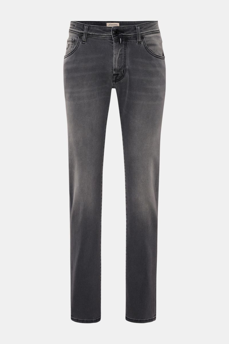 Front view of Jacob Cohen Jeans 'Nick' grey, slim fit tapered cut denim made of cotton and microfiber, elasticated fabric, soft feel, subtle used wash, button fly, five-pocket style with coin pocket initial, back pockets with stitching, leather patch in p