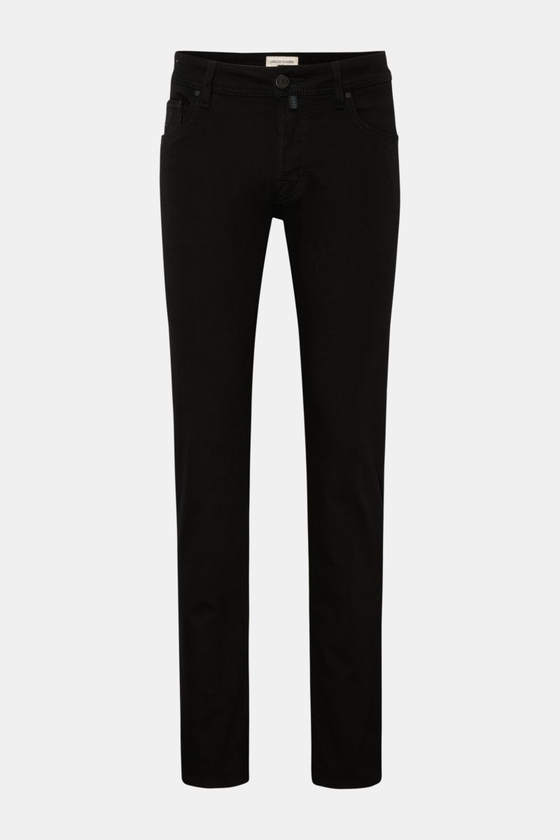 Front view of Jacob Cohen Jeans 'Nick' black, slim fit with tapered cut, button fly, elasticated cotton and microfiber denim, soft feel, five-pocket style including coin pocket with initial, back pockets with stitching, and leather patch in pony skin look