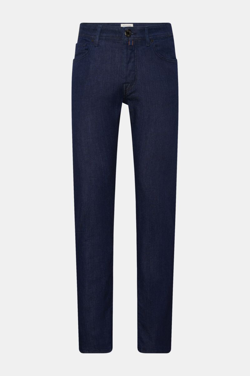 Front view of Jacob Cohen Jeans 'Bard' navy in cotton denim, elastic quality, soft touch, slim fit, tapered, button fly, five-pocket style, coin pocket with initial, back pockets with stitching, leather patch in pony hair look.