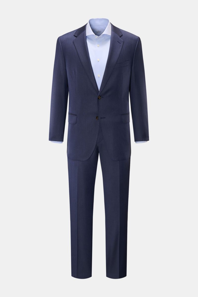 Windsor Wollhose 'Sole' graublau im Regular Fit, schmal zulaufend, aus feinem Woll-Twill mit französischen Taschen, Reißverschluss, Knopf detail, frontale Ansicht.