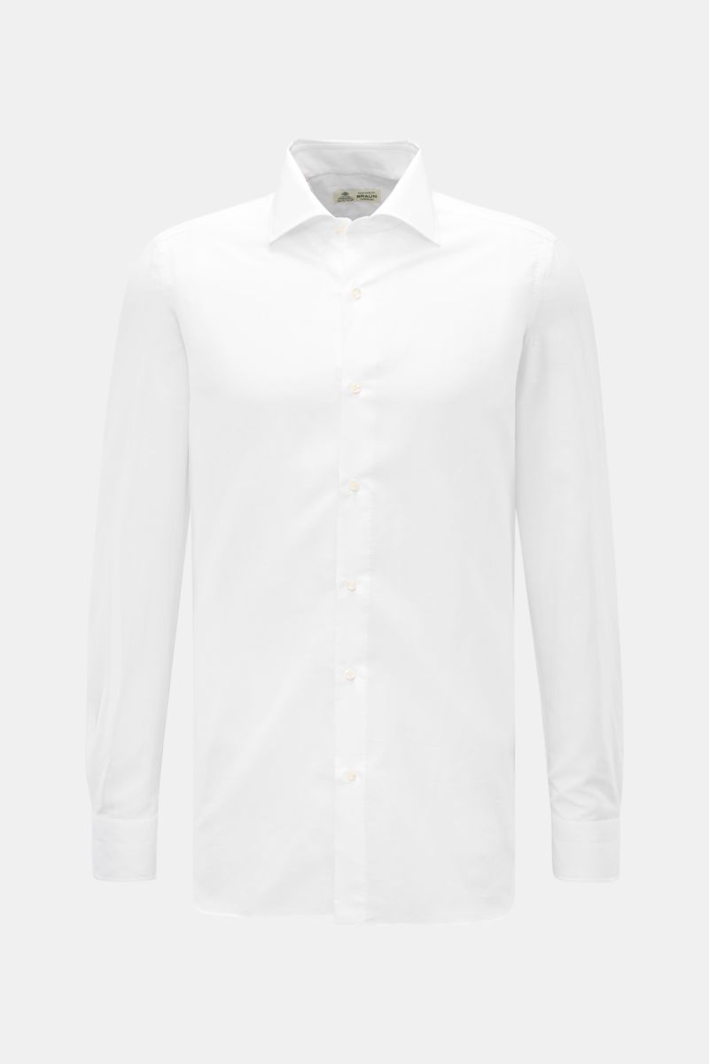Borrelli Business Hemd 'Luciano' Kent-Kragen weiß, Slim Fit, Leinen-Baumwoll-Mix, glatter Griff, Perlmuttknöpfe, Sportmanschette, frontale Ansicht.