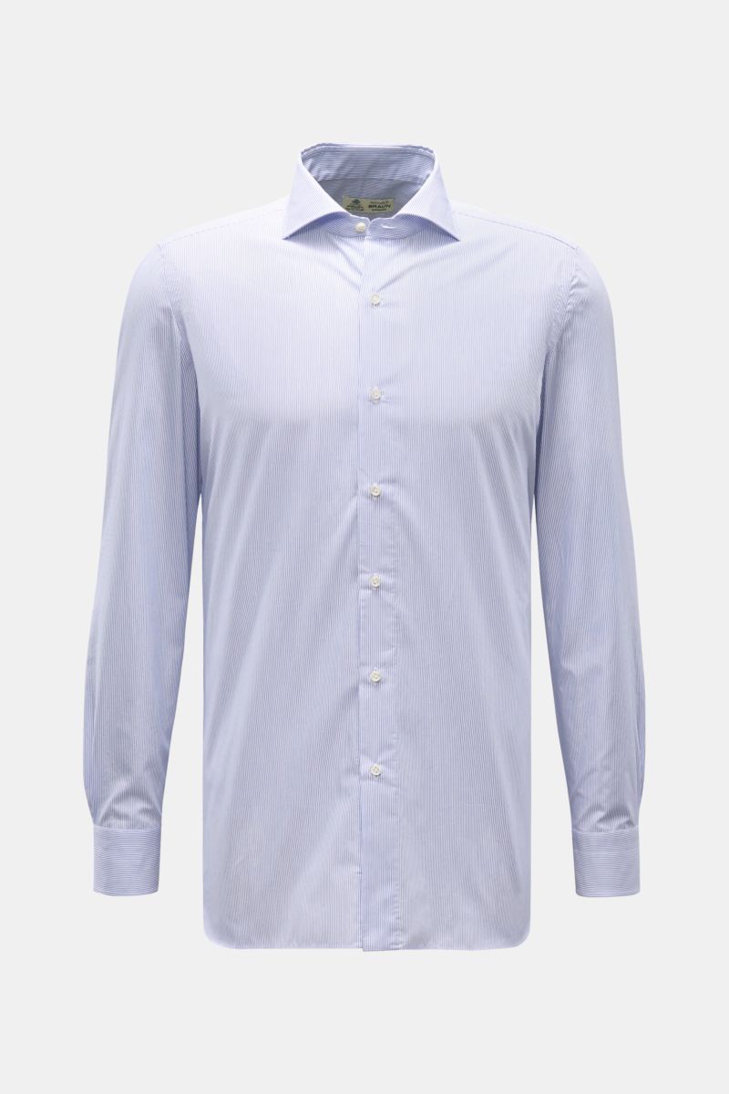 Borrelli Business shirt 'Nando' shark collar dark blue/white striped, slim fit, pure cotton popeline, front view, classic barrel cuffs, mother-of-pearl buttons, rounded hem. Timeless classic: The shirt 'Nando' from BORRELLI features classic, elegant desig